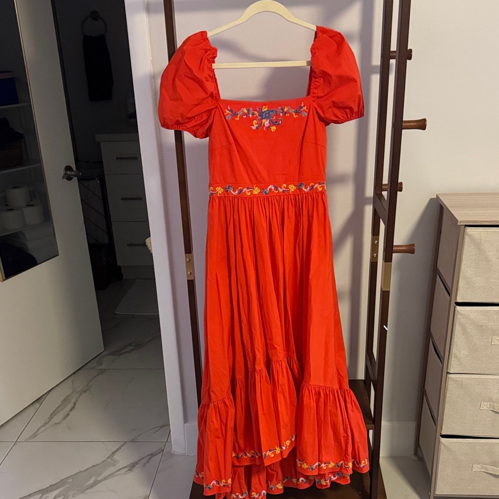 Orange Puff Sleeve High/Low Maxi Dress with Floral Embroidery
